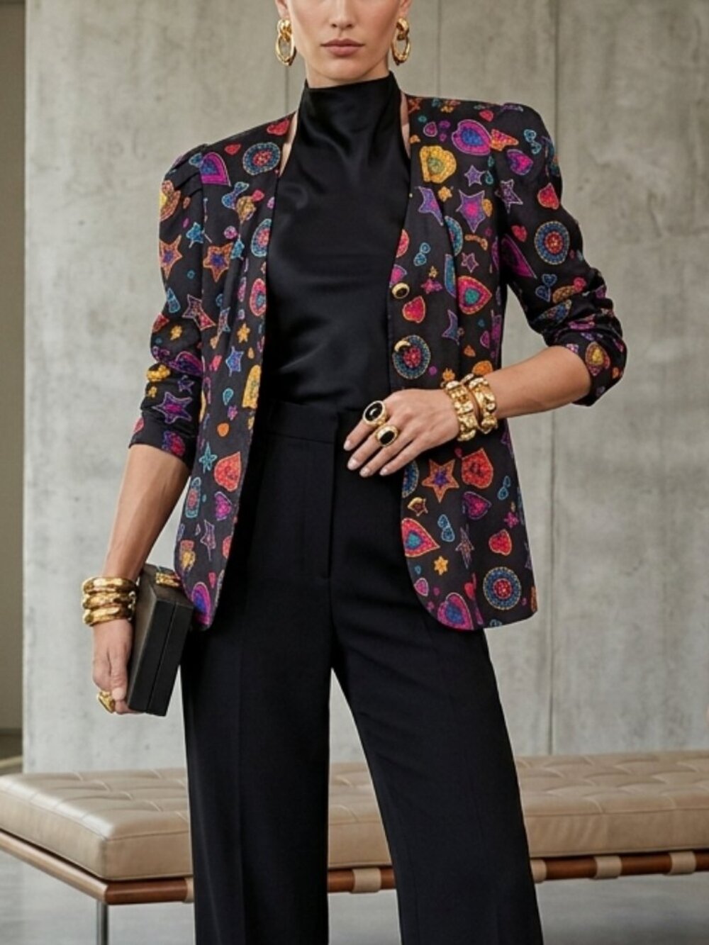 Vintage Silk Studio 100% Silk Blazer Heart Star Print Abstract Colorful Jacket